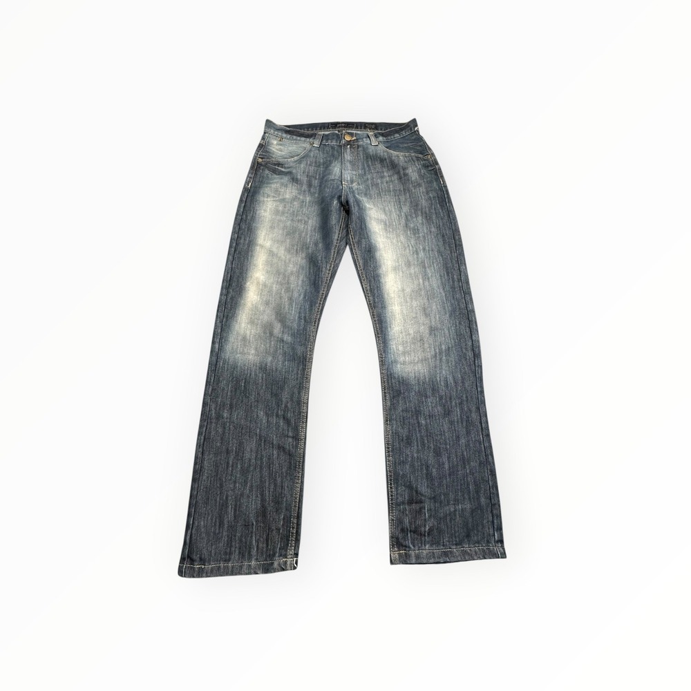 PD&C Jeans Mens 36x32 Blue Slim Straight Dark Wash Whiskered Faded Denim